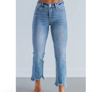 Risen Neona Jeans Womens 3/26 Medium Wash Mid Rise Raw Frayed Hem